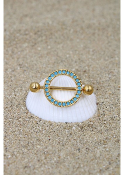 Piercing Nipple Meme Ucu Piercing Cerrahi Çelik Doğal Taşlı Gold Renk Yuvarlak Sıralı Taşlı