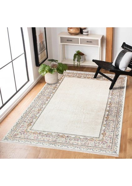 Krem Çerçeveli Modern Etnik Desenli Halı | Makinada Yıkanabilir | Hav Toz Vermez | Leke Tutmayaz | Kaymaz Taban | Dijital Makine Baskı | Salon Yolluk Mutfak Halısı modelleri