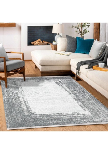 Gri Çerçeveli Modern Etnik Desenli Halı | Makinada Yıkanabilir | Hav Toz Vermez | Leke Tutmayaz | Kaymaz Taban | Dijital Makine Baskı | Salon Yolluk Mutfak Halısı modelleri