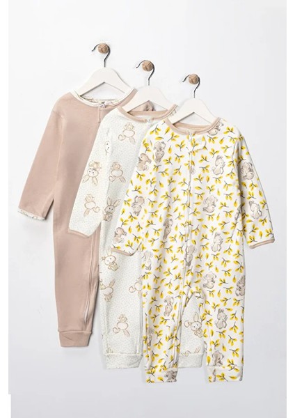 %100 Pamuk 9-12-18 Ay Tavşan 3'lü Patiksiz Manşetli Tulum (Kız Erkek Bebek Çocuk)