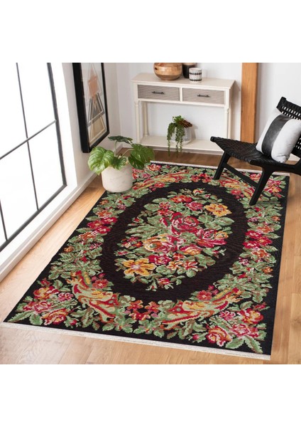 Siyah Çiçekli Modern Etnik Desenli Halı | Makinada Yıkanabilir | Hav Toz Vermez | Leke Tutmayaz | Kaymaz Taban | Dijital Makine Baskı | Salon Yolluk Mutfak Halısı fiyatları