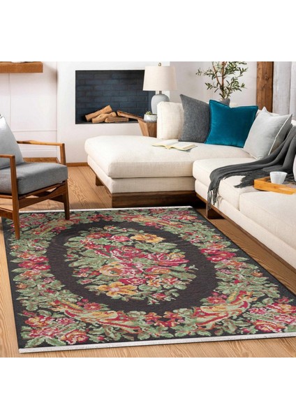 Siyah Çiçekli Modern Etnik Desenli Halı | Makinada Yıkanabilir | Hav Toz Vermez | Leke Tutmayaz | Kaymaz Taban | Dijital Makine Baskı | Salon Yolluk Mutfak Halısı modelleri