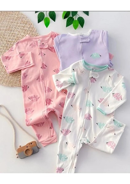 %100 Pamuk 9-12-18 Ay Renkli Fil 3'lü Patiksiz Manşetli Tulum (Kız Erkek Bebek Çocuk)