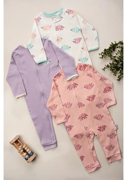 %100 Pamuk 9-12-18 Ay Renkli Fil 3'lü Patiksiz Manşetli Tulum (Kız Erkek Bebek Çocuk) modelleri