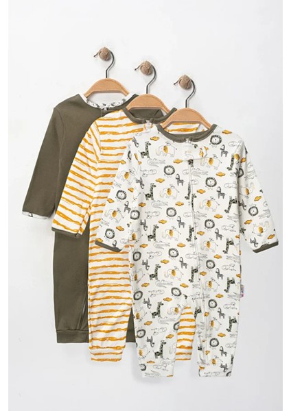 %100 Pamuk 9-12-18 Ay Afrika Safari 3'lü Patiksiz Manşetli Tulum (Kız Erkek Bebek Çocuk)