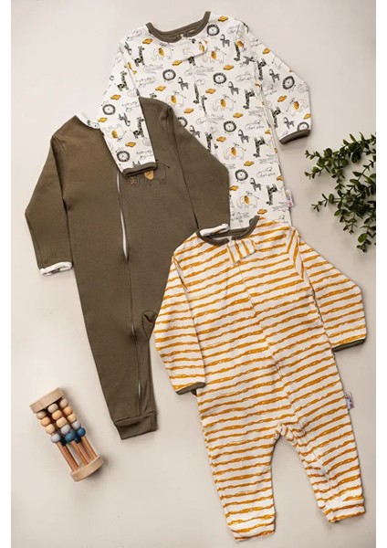 %100 Pamuk 9-12-18 Ay Afrika Safari 3'lü Patiksiz Manşetli Tulum (Kız Erkek Bebek Çocuk) fiyatları