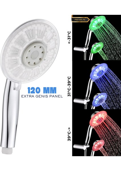 120 mm Extra Geniş Panel LED Işıklı Duş Başlığı – Sıcaklığa Duyarlı Renk Değiştiren Premium Malzeme Yüksek Basınçlı Su Tasarruflu Banyo El Duşu
