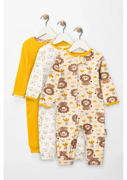 %100 Pamuk 9-12-18 Ay Organik Aslan 3'lü Patiksiz Manşetli Tulum (Kız Erkek Bebek Çocuk)