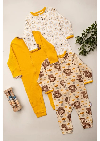 %100 Pamuk 9-12-18 Ay Organik Aslan 3'lü Patiksiz Manşetli Tulum (Kız Erkek Bebek Çocuk) fiyatları