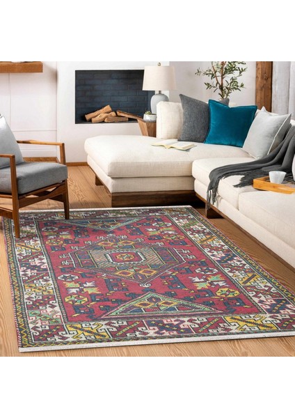 Kırmızı Göbekli Modern Etnik Desenli Halı | Makinada Yıkanabilir | Hav Toz Vermez | Leke Tutmayaz | Kaymaz Taban | Dijital Makine Baskı | Salon Yolluk Mutfak Halısı fiyatları
