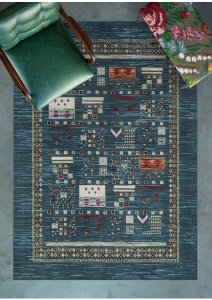 Mavi Etnik Modern Etnik Desenli Halı | Makinada Yıkanabilir | Hav Toz Vermez | Leke Tutmayaz | Kaymaz Taban | Dijital Makine Baskı | Salon Yolluk Mutfak Halısı