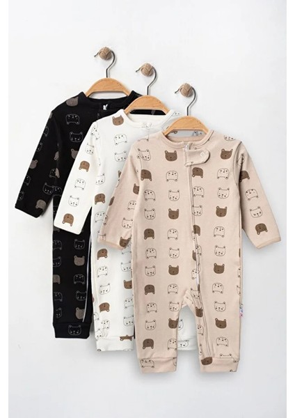%100 Pamuk 9-12-18 Ay Renkli Ayı Baskı 3'lü Patiksiz Manşetli Tulum (Kız Erkek Bebek Çocuk)