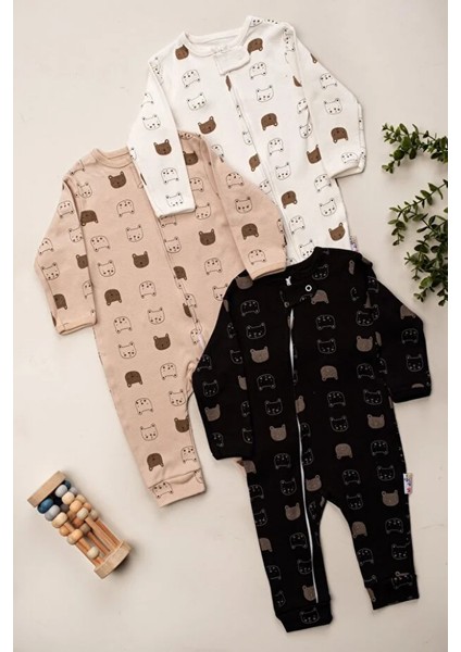 %100 Pamuk 9-12-18 Ay Renkli Ayı Baskı 3'lü Patiksiz Manşetli Tulum (Kız Erkek Bebek Çocuk) fiyatları