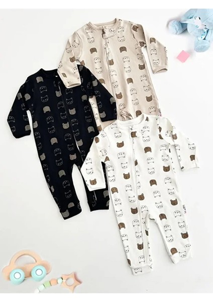 %100 Pamuk 9-12-18 Ay Renkli Ayı Baskı 3'lü Patiksiz Manşetli Tulum (Kız Erkek Bebek Çocuk)