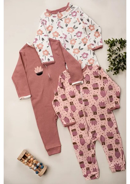 %100 Pamuk 9-12-18 Ay Kaktüs Çiçek 3'lü Patiksiz Manşetli Tulum (Kız Erkek Bebek Çocuk) modelleri