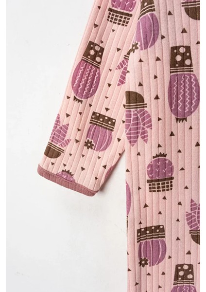 %100 Pamuk 9-12-18 Ay Kaktüs Çiçek 3'lü Patiksiz Manşetli Tulum (Kız Erkek Bebek Çocuk)