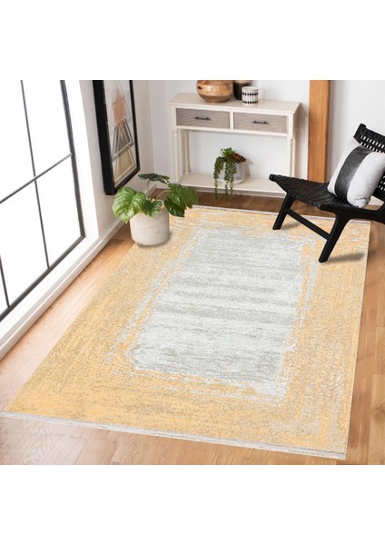 Sarı Çerçeveli Modern Etnik Desenli Halı | Makinada Yıkanabilir | Hav Toz Vermez | Leke Tutmayaz | Kaymaz Taban | Dijital Makine Baskı | Salon Yolluk Mutfak Halısı modelleri
