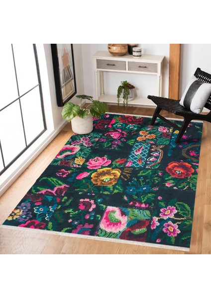 Siyah Çiçekli Modern Etnik Desenli Halı | Makinada Yıkanabilir | Hav Toz Vermez | Leke Tutmayaz | Kaymaz Taban | Dijital Makine Baskı | Salon Yolluk Mutfak Halısı fiyatları