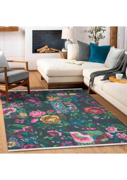 Siyah Çiçekli Modern Etnik Desenli Halı | Makinada Yıkanabilir | Hav Toz Vermez | Leke Tutmayaz | Kaymaz Taban | Dijital Makine Baskı | Salon Yolluk Mutfak Halısı modelleri