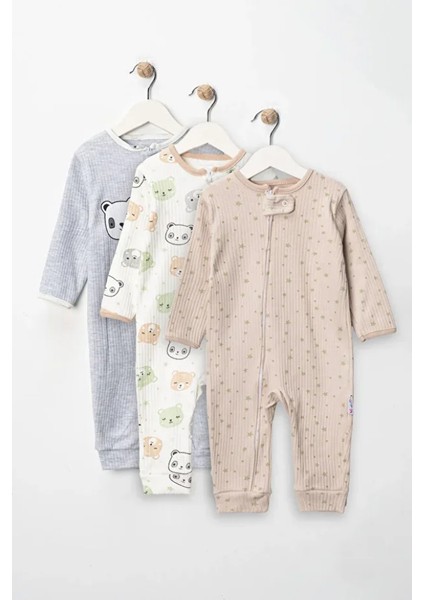 %100 Pamuk 9-12-18 Panda Organik 3'lü Patiksiz Manşetli Tulum (Kız Erkek Bebek Çocuk)