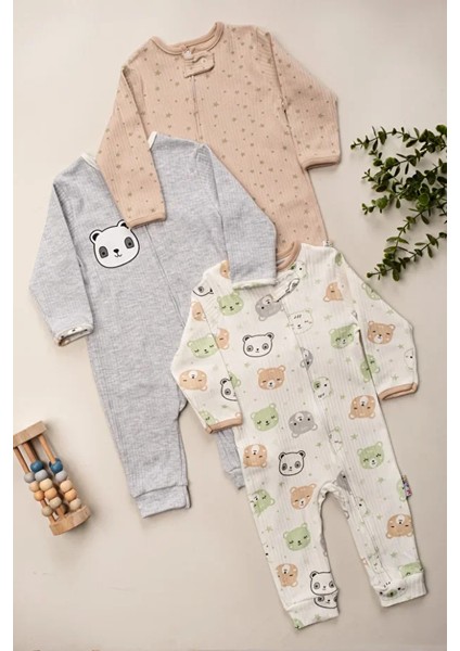 %100 Pamuk 9-12-18 Panda Organik 3'lü Patiksiz Manşetli Tulum (Kız Erkek Bebek Çocuk) fiyatları