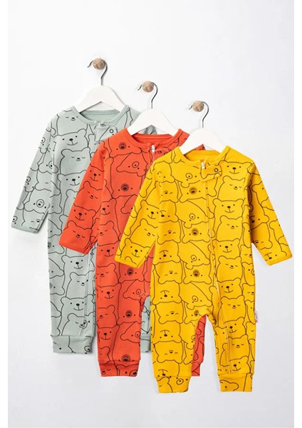 %100 Pamuk 9-12-18 Ay Ayıcık 3'lü Patiksiz Manşetli Tulum (Kız Erkek Bebek Çocuk)