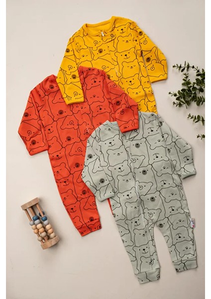 %100 Pamuk 9-12-18 Ay Ayıcık 3'lü Patiksiz Manşetli Tulum (Kız Erkek Bebek Çocuk) fiyatları