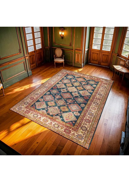 Mavi Bordürlü Modern Etnik Desenli Halı | Makinada Yıkanabilir | Hav Toz Vermez | Leke Tutmayaz | Kaymaz Taban | Dijital Makine Baskı | Salon Yolluk Mutfak Halısı modelleri