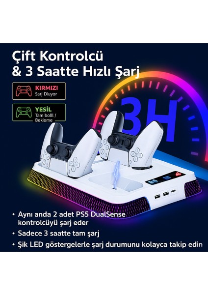 Ps5 Pro/Slim/Fat Playstation 5 Standart CD ve Dijital Sürüm Uyumlu RGB-LED Göstergeli Sd-66 Cooling Soğutuculu Fanlı ,Controller Şarjlı stand fiyatları
