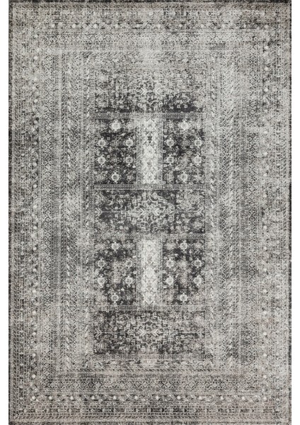 Antrasit Çerçeveli Modern Etnik Desenli Halı | Makinada Yıkanabilir | Hav Toz Vermez | Leke Tutmayaz | Kaymaz Taban | Dijital Makine Baskı | Salon Yolluk Mutfak Halısı
