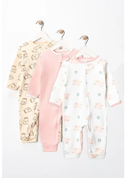 %100 Pamuk 9-12-18 Ay Kuzu Hayvan 3'lü Patiksiz Manşetli Tulum (Kız Erkek Bebek Çocuk)