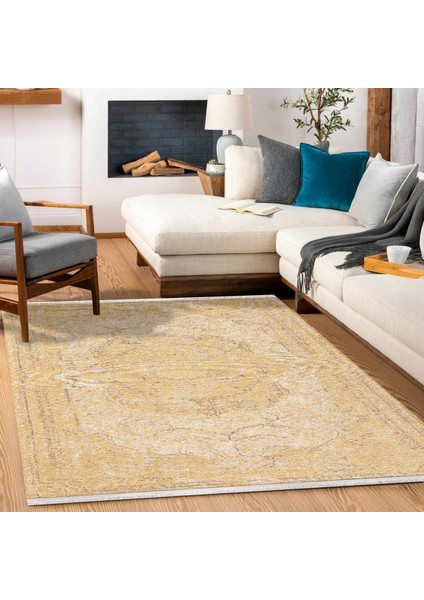 Sarı Göbekli Modern Etnik Desenli Halı | Makinada Yıkanabilir | Hav Toz Vermez | Leke Tutmayaz | Kaymaz Taban | Dijital Makine Baskı | Salon Yolluk Mutfak Halısı modelleri