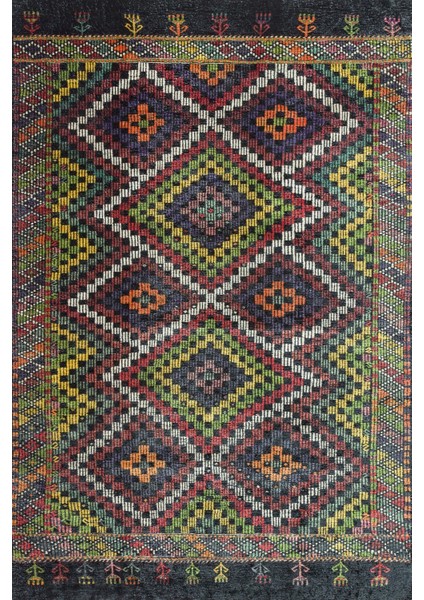 Siyah Geometrik Modern Etnik Desenli Halı | Makinada Yıkanabilir | Hav Toz Vermez | Leke Tutmayaz | Kaymaz Taban | Dijital Makine Baskı | Salon Yolluk Mutfak Halısı