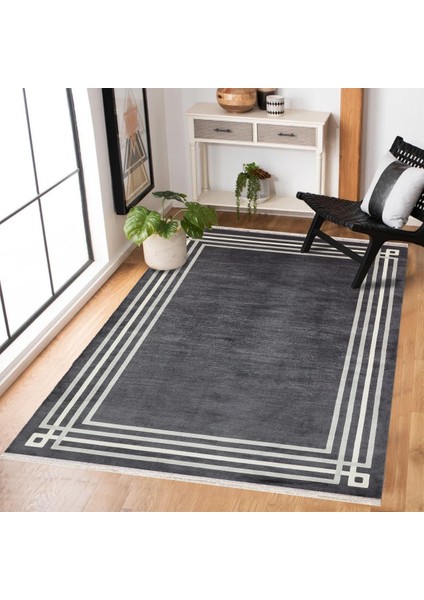 Antrasit Çerçeveli Modern Etnik Desenli Halı | Makinada Yıkanabilir | Hav Toz Vermez | Leke Tutmayaz | Kaymaz Taban | Dijital Makine Baskı | Salon Yolluk Mutfak Halısı fiyatları