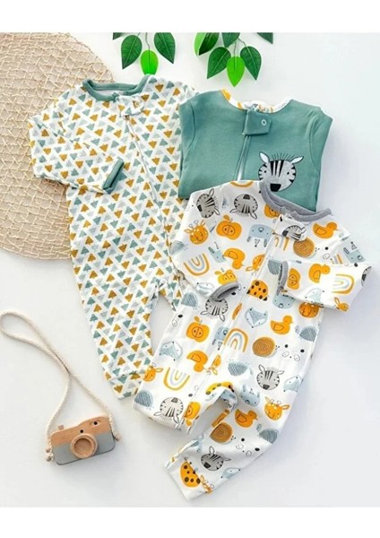 %100 Pamuk 9-12-18 Ay Renkli 3'lü Patiksiz Manşetli Tulum (Kız Erkek Bebek Çocuk)