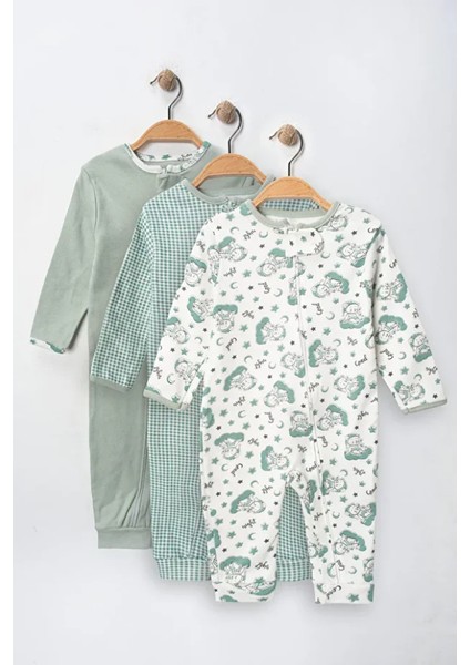 %100 Pamuk 9-12-18 Ay Yeşil Organik Ayı 3'lü Patiksiz Manşetli Tulum (Kız Erkek Bebek Çocuk)