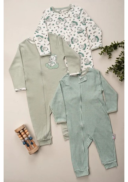 %100 Pamuk 9-12-18 Ay Yeşil Organik Ayı 3'lü Patiksiz Manşetli Tulum (Kız Erkek Bebek Çocuk) fiyatları