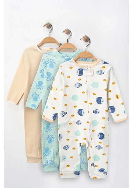 %100 Pamuk 9-12-18 Balık Deniz 3'lü Patiksiz Manşetli Tulum (Kız Erkek Bebek Çocuk)