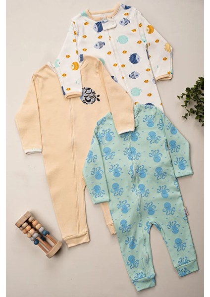 %100 Pamuk 9-12-18 Balık Deniz 3'lü Patiksiz Manşetli Tulum (Kız Erkek Bebek Çocuk) fiyatları