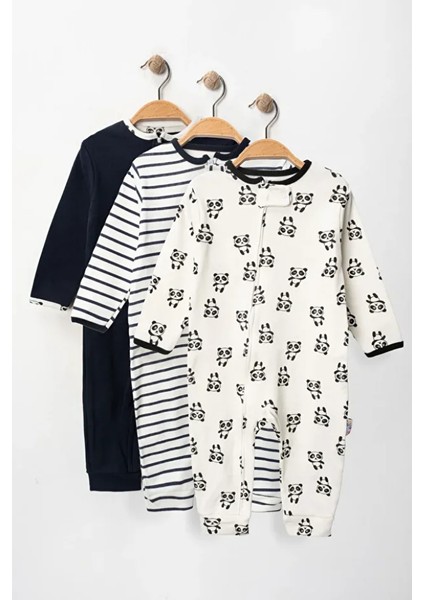 %100 Pamuk 9-12-18 Ay Panda 3'lü Patiksiz Manşetli Tulum (Kız Erkek Bebek Çocuk)