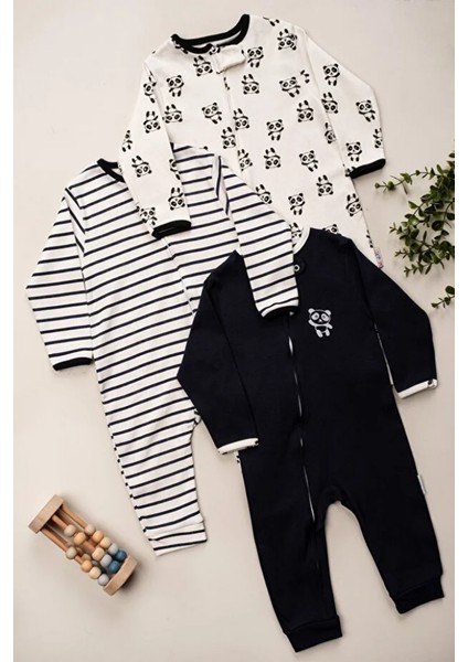 %100 Pamuk 9-12-18 Ay Panda 3'lü Patiksiz Manşetli Tulum (Kız Erkek Bebek Çocuk) fiyatları