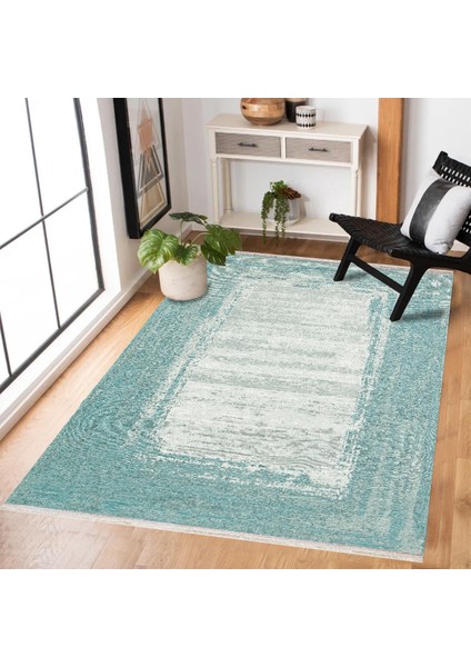 Turkuaz Çerçeveli Modern Etnik Desenli Halı | Makinada Yıkanabilir | Hav Toz Vermez | Leke Tutmayaz | Kaymaz Taban | Dijital Makine Baskı | Salon Yolluk Mutfak Halısı fiyatları