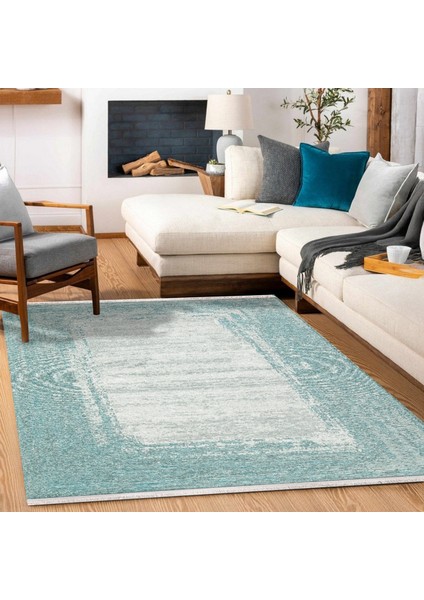 Turkuaz Çerçeveli Modern Etnik Desenli Halı | Makinada Yıkanabilir | Hav Toz Vermez | Leke Tutmayaz | Kaymaz Taban | Dijital Makine Baskı | Salon Yolluk Mutfak Halısı modelleri