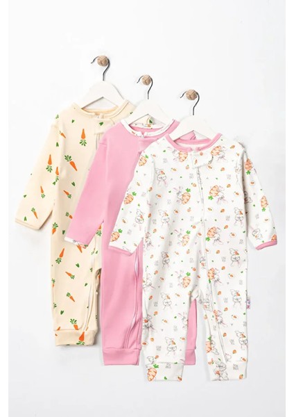 %100 Pamuk 9-12-18 Havuç Organik 3'lü Patiksiz Manşetli Tulum (Kız Erkek Bebek Çocuk)