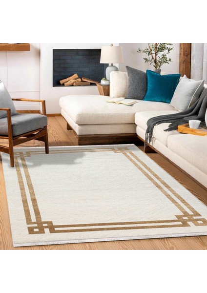 Altın Çerçeveli Modern Etnik Desenli Halı | Makinada Yıkanabilir | Hav Toz Vermez | Leke Tutmayaz | Kaymaz Taban | Dijital Makine Baskı | Salon Yolluk Mutfak Halısı modelleri