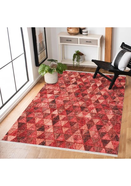Kırmızı Geometrik Modern Etnik Desenli Halı | Makinada Yıkanabilir | Hav Toz Vermez | Leke Tutmayaz | Kaymaz Taban | Dijital Makine Baskı | Salon Yolluk Mutfak Halısı modelleri