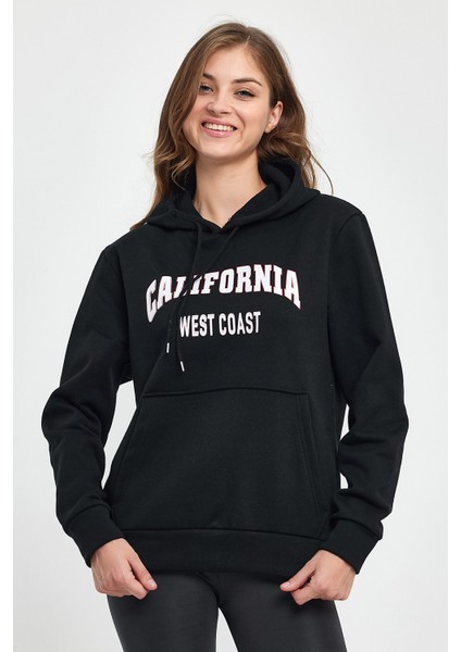 Kadın Kapşonlu Rahat Kalıp Içi Polarlı 3 Iplik Californıa West Baskılı Swetashırt SPR24SWK08