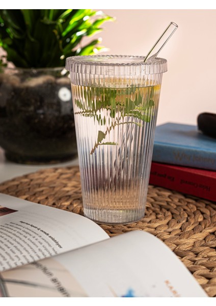 600 ml Kapaklı Pipetli Origami Mika Bardak - Cam Pipetli Kahve ve Meşrubat Bardağı