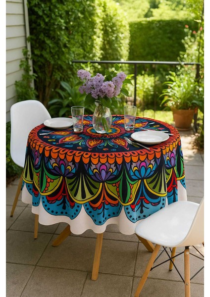Yuvarlak Etnik Desenli Duck Kumaş Masa Örtüsü 150X150 cm