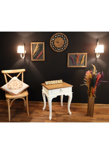 Çekmeceli Masif Beyaz Naturel Komodin - Yan Sehpa